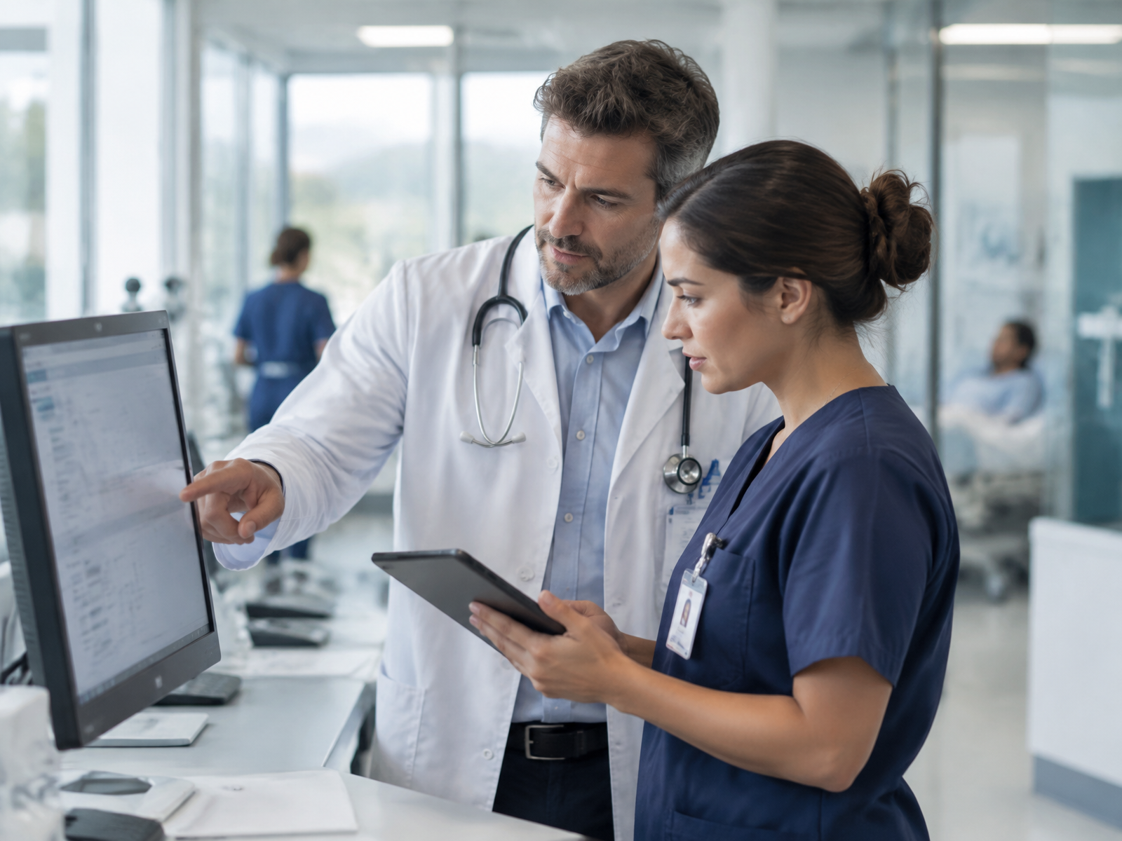 Clinicians reviewing patient information together at a hospital workstation